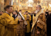 Slujire Patriarhală la catedrala Adormirea Maicii Domnului din Kremlin în ziua celebrării aniversării de 400 de ani de la mutarea la Domnul a sfântului mucenic Ermoghen