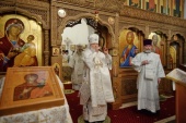 В Неділю 7-у після Великодня Святіший Патріарх Кирил звершив Літургію на московському подвір'ї Руського на Афоні Пантелеїмонового монастиря