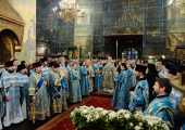 Slujirea Patriarhului de sărbătoarea Intrării în Biserică a Preasfintei Născătoare de Dumnezeu în catedrala „Adormirea Maici Domnului” din Kremlin, or. Moscova