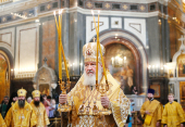 Slujirea Patriarhului de ziua pomenirii Sfintei întocmai cu Apostolii cneaghine Olga în Catedrala „Hristos Mântuitorul”. Hirotonia arhimandritului Vasilii (Kulakov) în treapta de episcop de Nikolaevsk