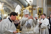 De sărbătoarea Botezului Domnului Sanctitatea Sa Patriarhul Chiril a săvîrșit Dumnezeiasca Liturghie și rînduiala sfințirii celei mari a apei în Catedrala „Arătarea Domnului”, or. Moscova