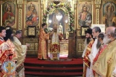 A Russian Church cleric concelebrates at the cathedral in the capital of Bulgaria