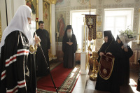 В Великий вторник Святейший Патриарх Кирилл совершил Литургию Преждеосвященных Даров в Крестовоздвиженском Иерусалимском монастыре